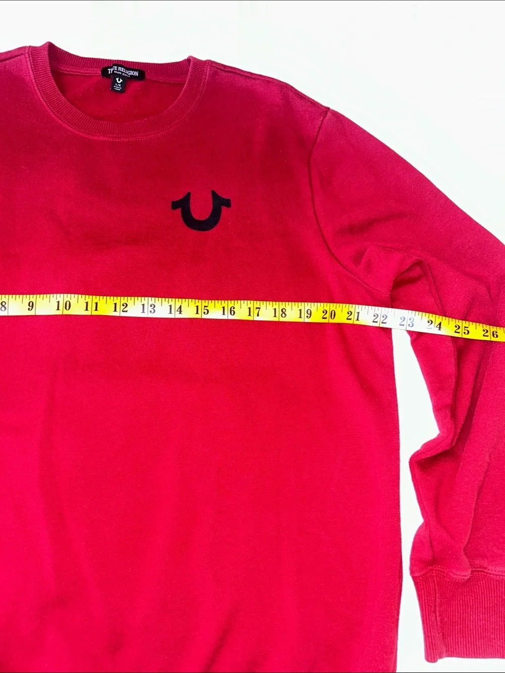 True Religion Red Crewneck Sweatshirt with Black Horseshoe Logo